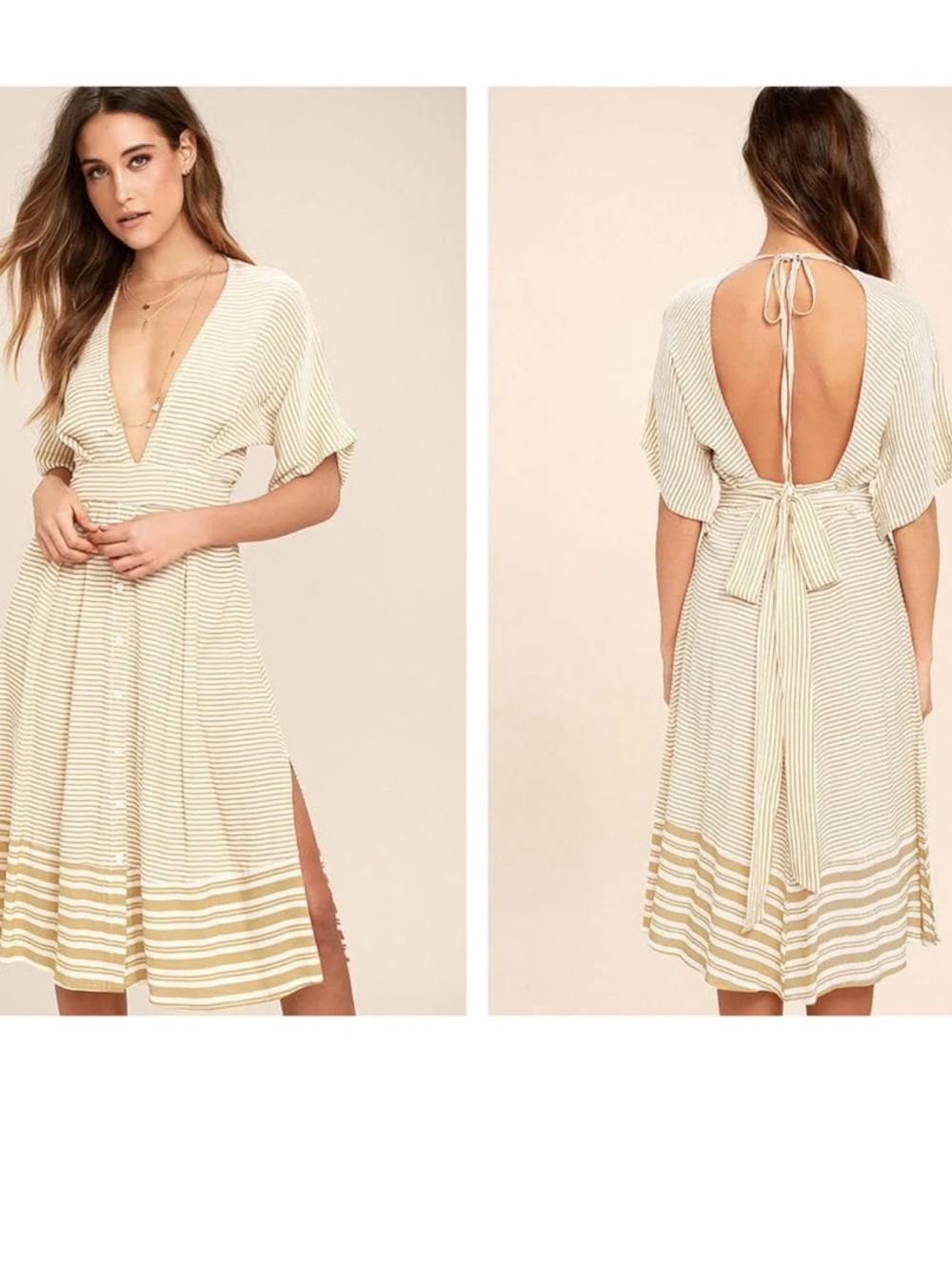 Faithfull the Brand Mustang beige striped midi dress 4
